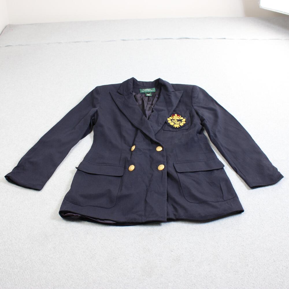 Vtg Lauren Ralph Wool Blazer Women 6 Blue Crest Gold Button Jacket USA Heritage